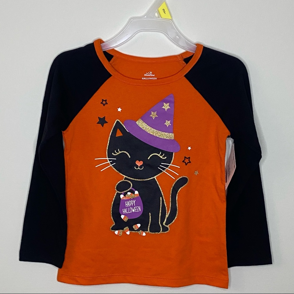 NWT Way To Celebrate! Halloween Black Cat Long Sleeve  3T Orange Black Shirt
